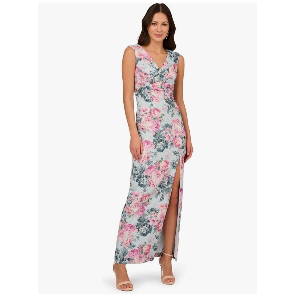 Adrianna Papell Womens Blue Jacquard Floral Evening Dress Gown Size 2
